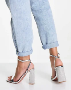 Sandals*DESIGN Nora Embellished Block Heel Barely There Heeled Sandals In Silver