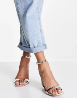 Sandals*DESIGN Nora Embellished Block Heel Barely There Heeled Sandals In Silver