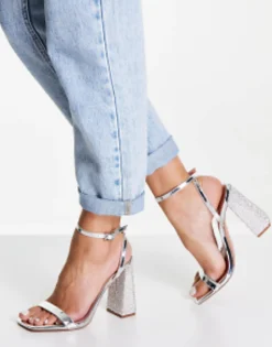 Sandals*DESIGN Nora Embellished Block Heel Barely There Heeled Sandals In Silver