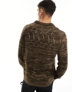 Polo Shirts*DESIGN Oversized Knitted Pointelle Polo Jumper In Twist Brown