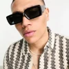 Sunglasses*DESIGN Oversized Rectangle Sunglasses With Bevelled Frame And Green Lens In Matte Black