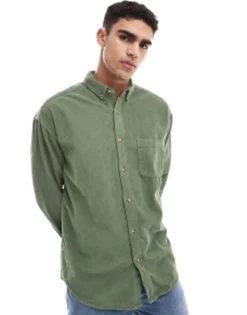Tall*DESIGN Oversized 90S Style Cord Shirt In Sage Green