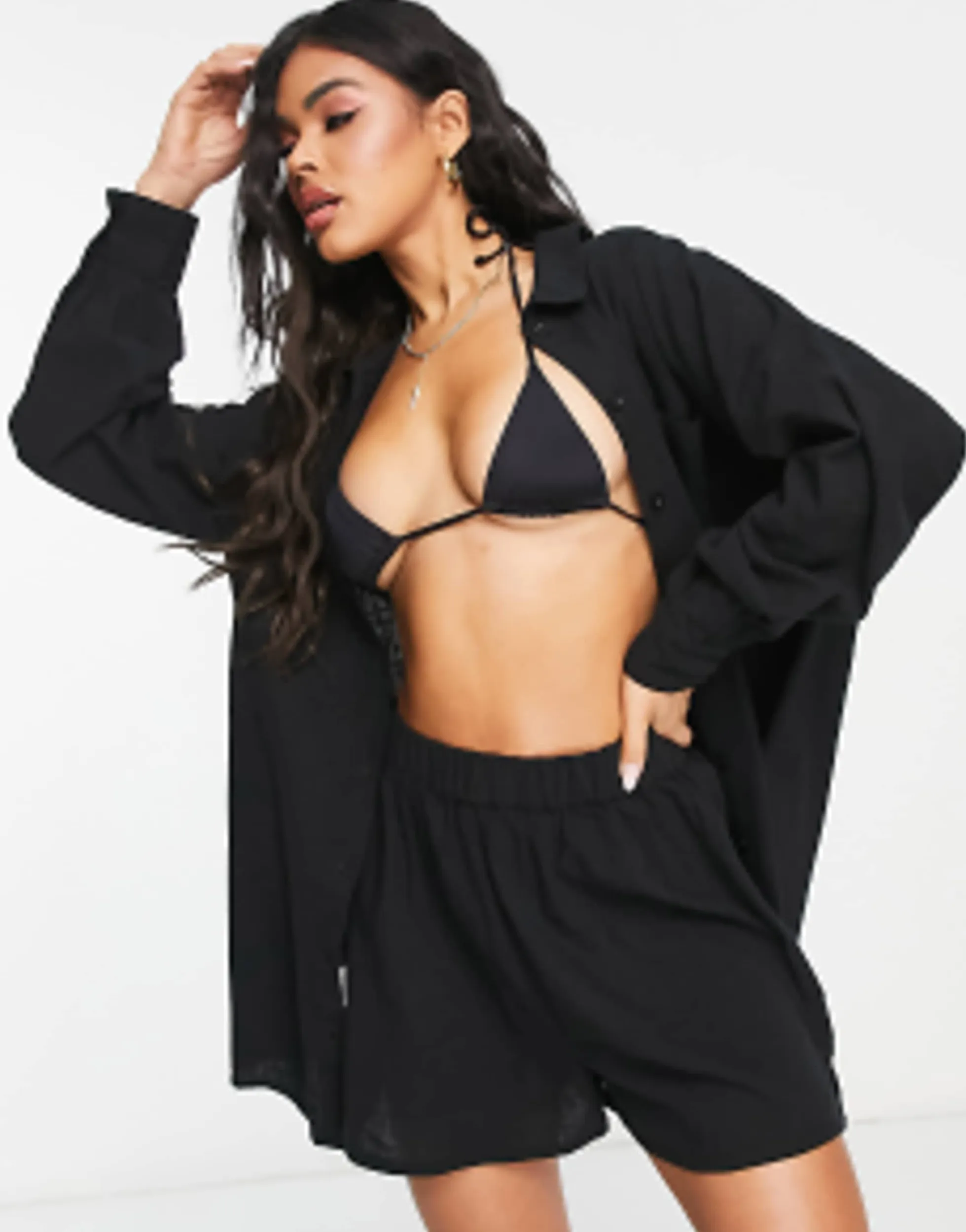 Shorts*DESIGN Oversized Textured Beach Co Ord In Black