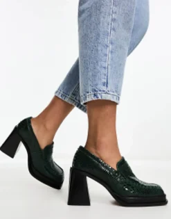 Loafers*DESIGN Paterson Premium Leather Heeled Loafers In Green Snake