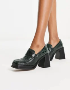 Loafers*DESIGN Paterson Premium Leather Heeled Loafers In Green Snake