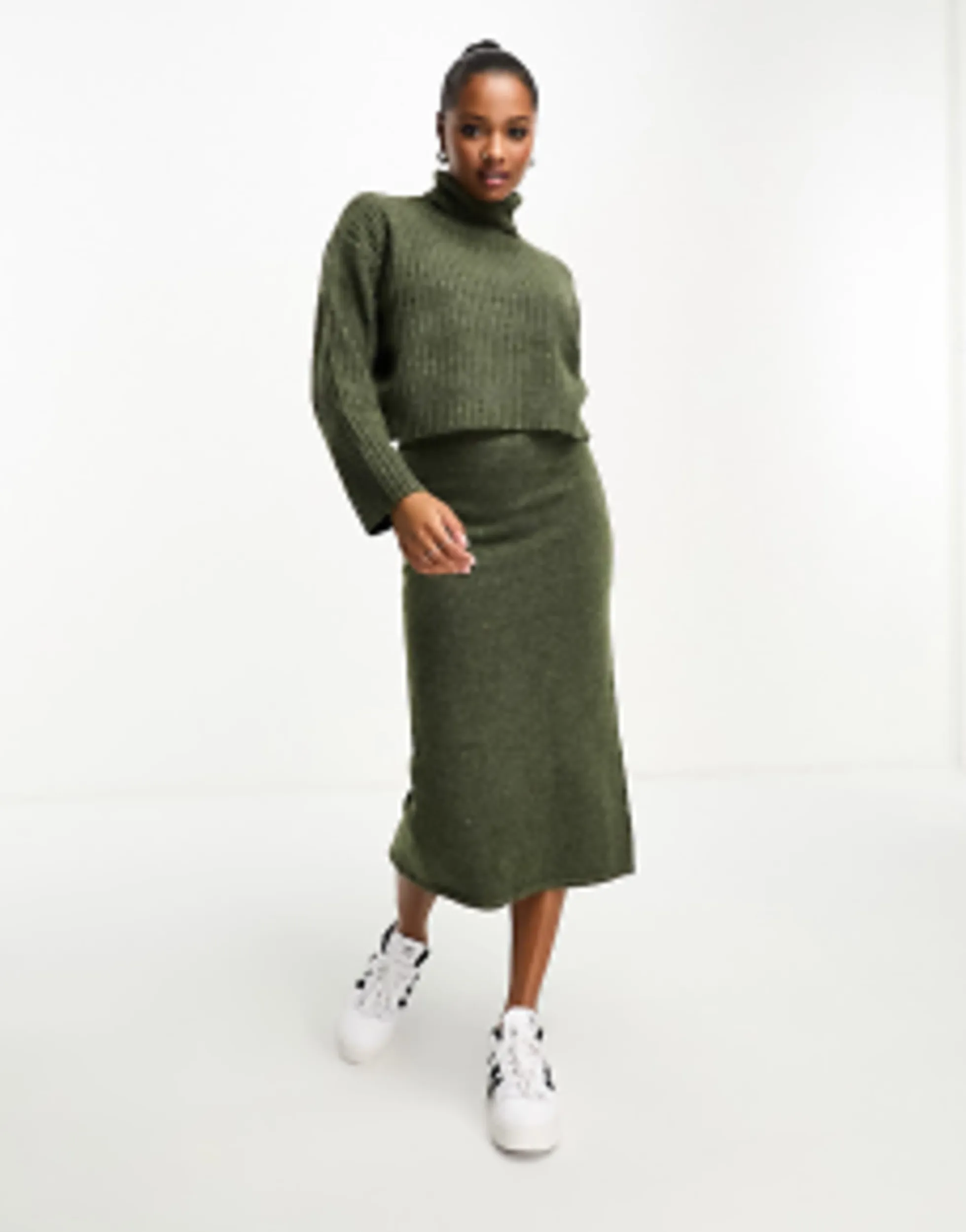 Skirts*Petite Design Boxy Jumper In Rib With Roll Neck & Midi Skirt Co Ord In Khak