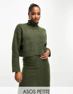 Skirts*Petite Design Boxy Jumper In Rib With Roll Neck & Midi Skirt Co Ord In Khak