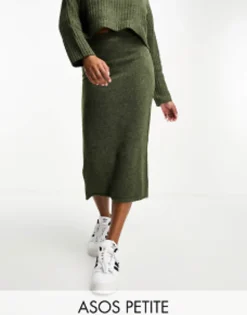 Skirts*Petite Design Boxy Jumper In Rib With Roll Neck & Midi Skirt Co Ord In Khak