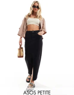 Petite*Petite Design Denim Maxi Skirt With Split Hem In Washed Black