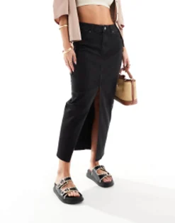 Petite*Petite Design Denim Maxi Skirt With Split Hem In Washed Black