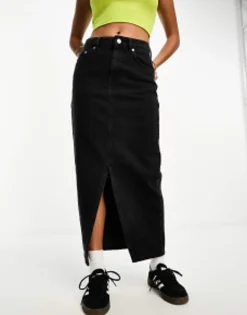 Skirts*Petite Design Denim Midi Skirt With Split Hem In Washed Black