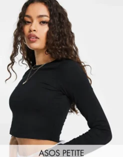 Petite*Petite Design Fitted Crop T-Shirt With Long Sleeve In Black