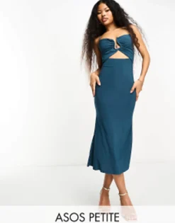 Petite*Petite Design Gold Trim Cut Out Cami Midi In Petrol Blue