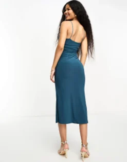 Petite*Petite Design Gold Trim Cut Out Cami Midi In Petrol Blue