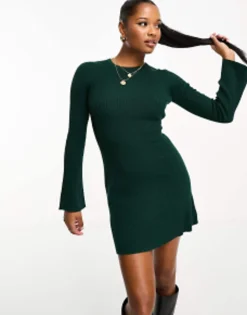 Petite*Petite Design Knitted Fit And Flare Mini Dress In Dark Green