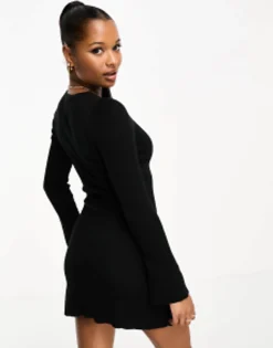 Petite*Petite Design Knitted Fit And Flare Mini Dress In Black