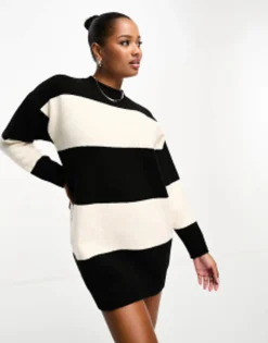 Tall*Petite Design Knitted Jumper Mini Dress With Crew Neck In Stripe