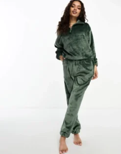 Petite*DESIGN Petite Lounge Super Soft Fleece Zip Up Sweat & Jogger Set In Green