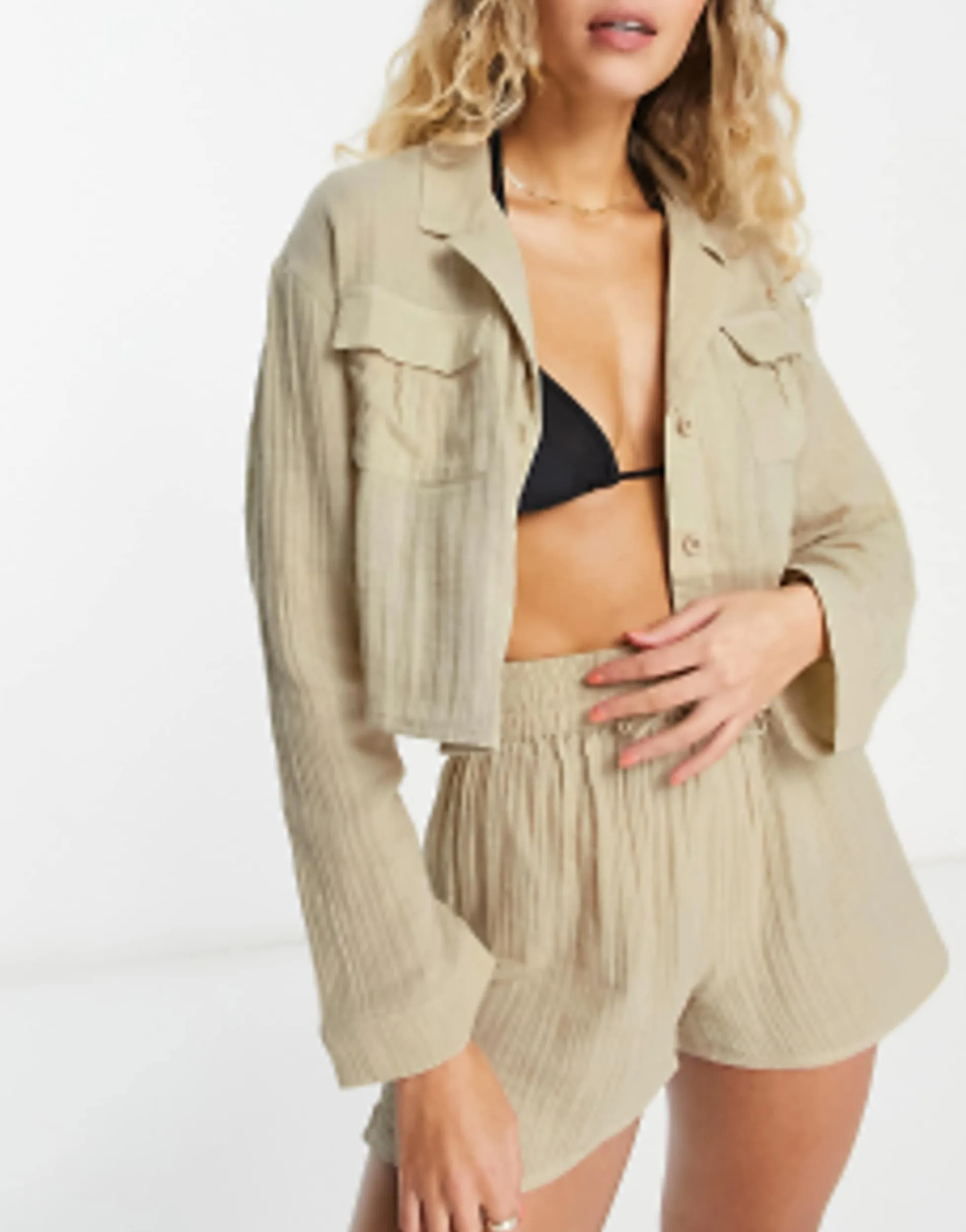 Swimwear & Beachwear*DESIGN Pocket Oversized Beach Co Ord In Double Gauze In Oatmeal