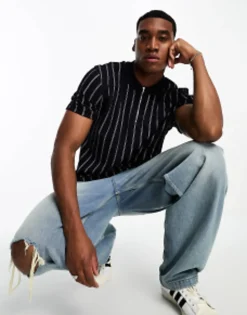 Polo Shirts*DESIGN Polo T-Shirt In White Stripe Navy