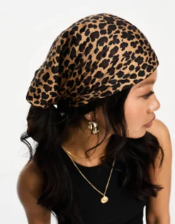 Hair Accessories*DESIGN Polysatin Large Headscarf In Leopard Print In Neutral Beige