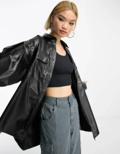 Shirts*DESIGN Pu Oversized Shirt With Wide Cuff Detail In Black