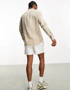 Tall*DESIGN Regular Shirt In Linen With Grandad Collar In Stone