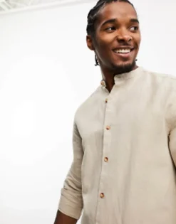 Tall*DESIGN Regular Shirt In Linen With Grandad Collar In Stone