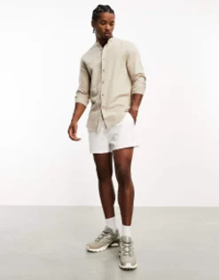 Tall*DESIGN Regular Shirt In Linen With Grandad Collar In Stone