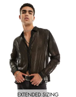 Tall*DESIGN Relaxed Sheer Shirt In And Gold Stripe Black