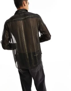 Tall*DESIGN Relaxed Sheer Shirt In And Gold Stripe Black