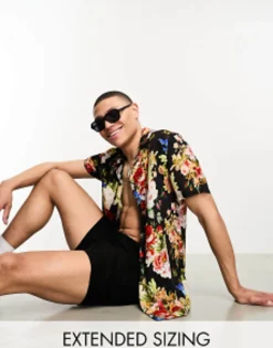 Tall*DESIGN Revere Shirt In Bright Floral Print Multi