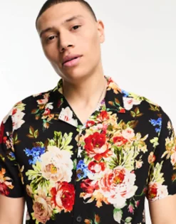 Tall*DESIGN Revere Shirt In Bright Floral Print Multi