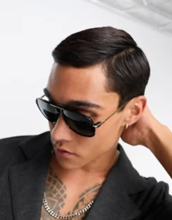 Sunglasses*DESIGN 70'S Aviator Sunglasses With Smoke Lens And Gold Detail Frame In Black