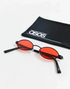 Sunglasses*DESIGN 90S Mini Oval Glasses In With Red Lens Black