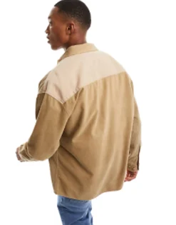Tall*DESIGN 90S Oversized Shirt With Mixed Cord Detailing In Sand