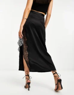 Skirts*DESIGN Satin Midi Slip Skirt With Lace Inserts In Black