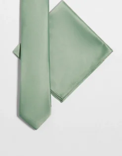 Ties*DESIGN Satin Slim Tie And Pocket Square In Sage Green Light Green