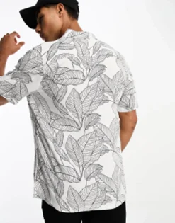 Tall*DESIGN Shirt In Leaf Scribble Print White