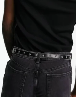 Belts*DESIGN Skinny Faux Leather Belt With Star Studs In Black