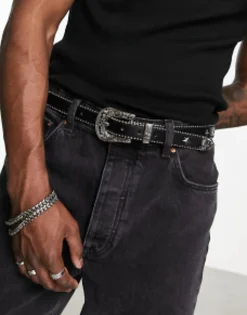 Belts*DESIGN Skinny Faux Leather Belt With Star Studs In Black