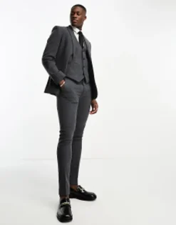 Trousers & Chinos*DESIGN Skinny Wool Mix Suit In Herringbone In Charcoal