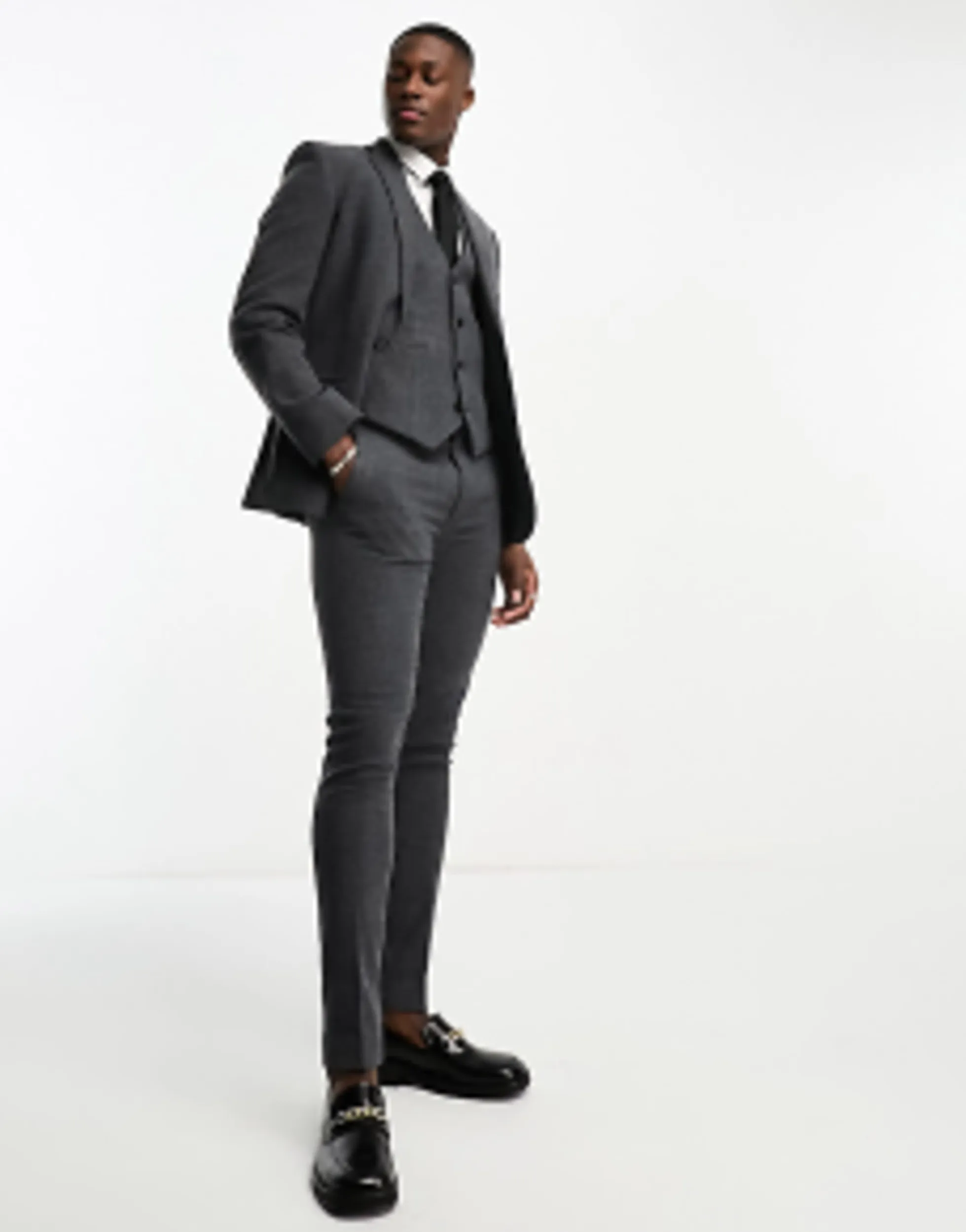 Trousers & Chinos*DESIGN Skinny Wool Mix Suit In Herringbone In Charcoal