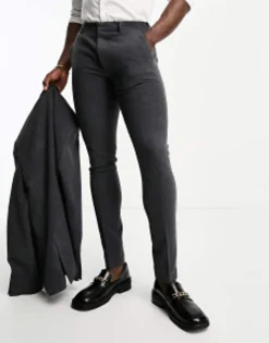 Trousers & Chinos*DESIGN Skinny Wool Mix Suit In Herringbone In Charcoal