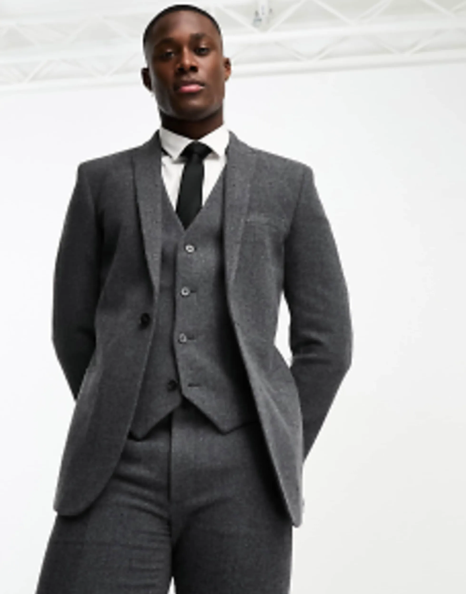 Suits & Tailoring*DESIGN Skinny Wool Mix Suit In Herringbone In Charcoal