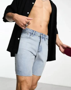 Shorts*DESIGN Slim Denim Shorts In Wash With Raw Hem Light Blue