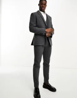 Suits & Tailoring*DESIGN Slim Wool Mix Suit In Herringbone In Charcoal