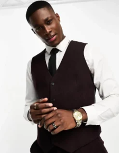 Suits & Tailoring*DESIGN Slim Wool Mix Suit In Herringbone In Burgundy