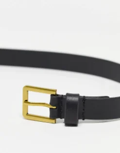 Belts*DESIGN Smart Leather Skinny Belt With Gold Buckle In Black
