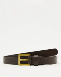 Belts*DESIGN Smart Leather Skinny Belt With Gold Buckle In Brown
